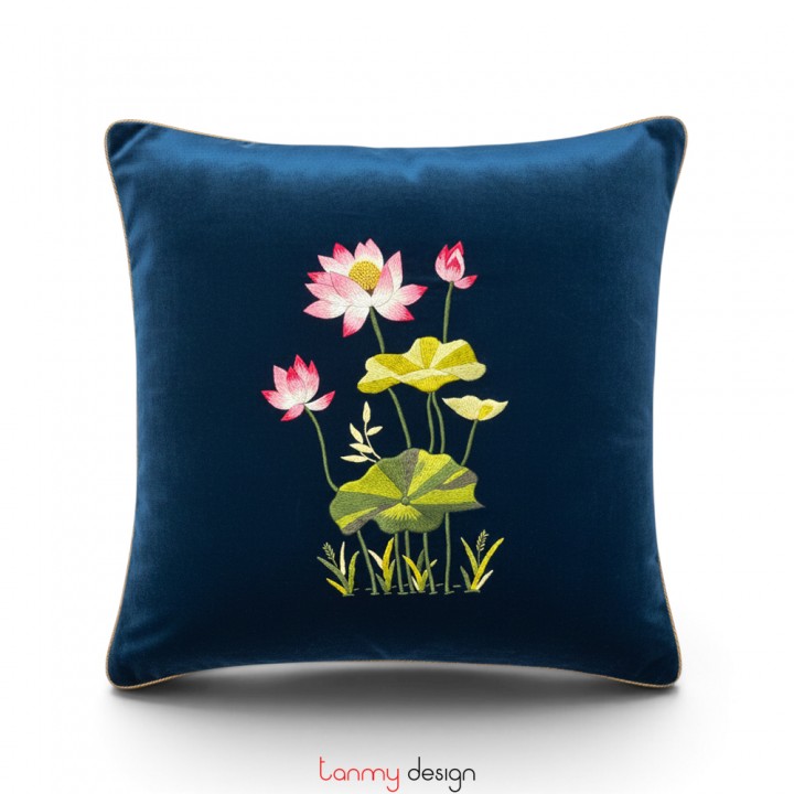 Velvet cushion cover embroidered with pink lotus